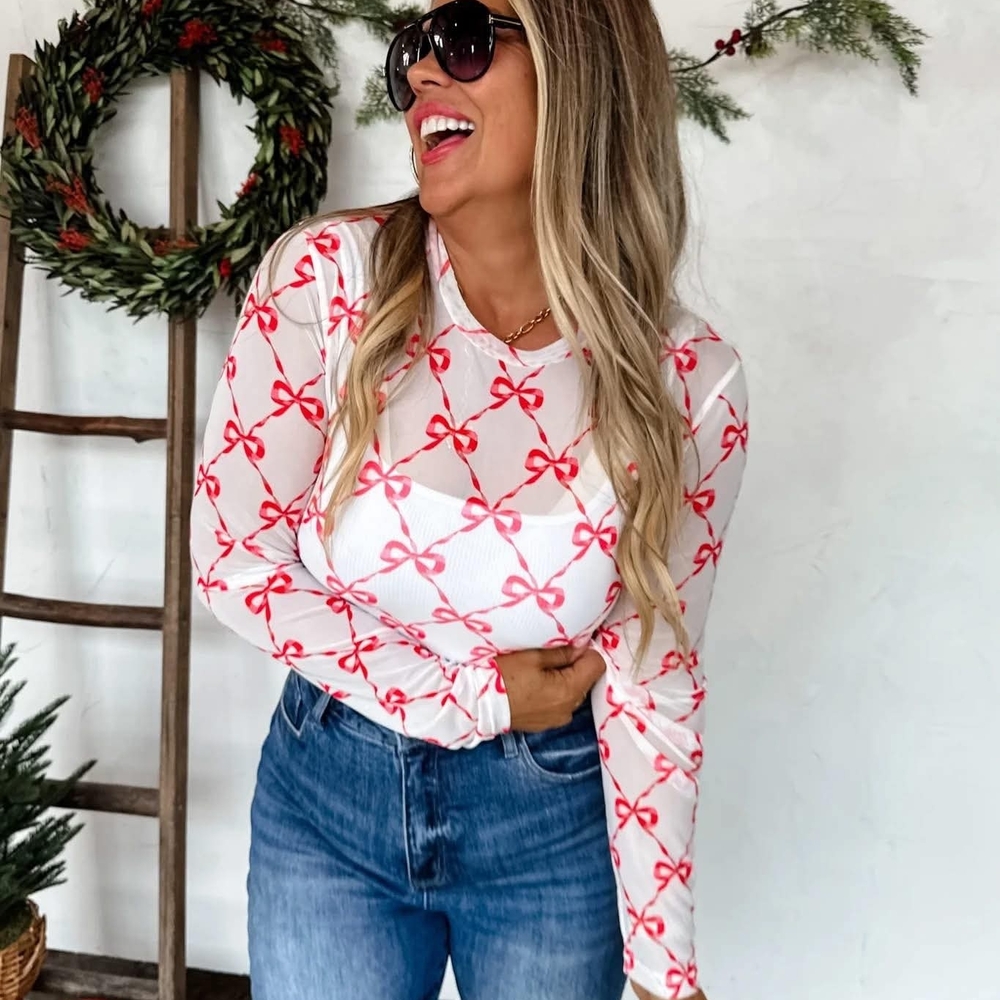 Chic Red Bow Women's Long Sleeve Top